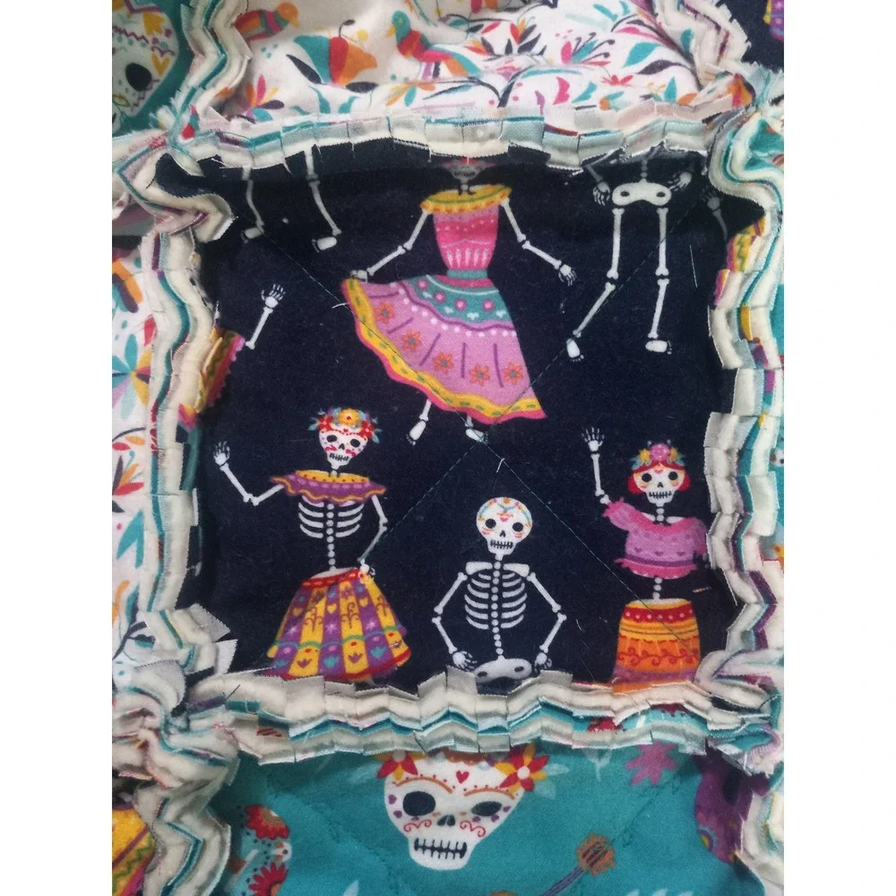 Handmade Rag Quilt, Throw - Dia de‎ Los Muertos Theme